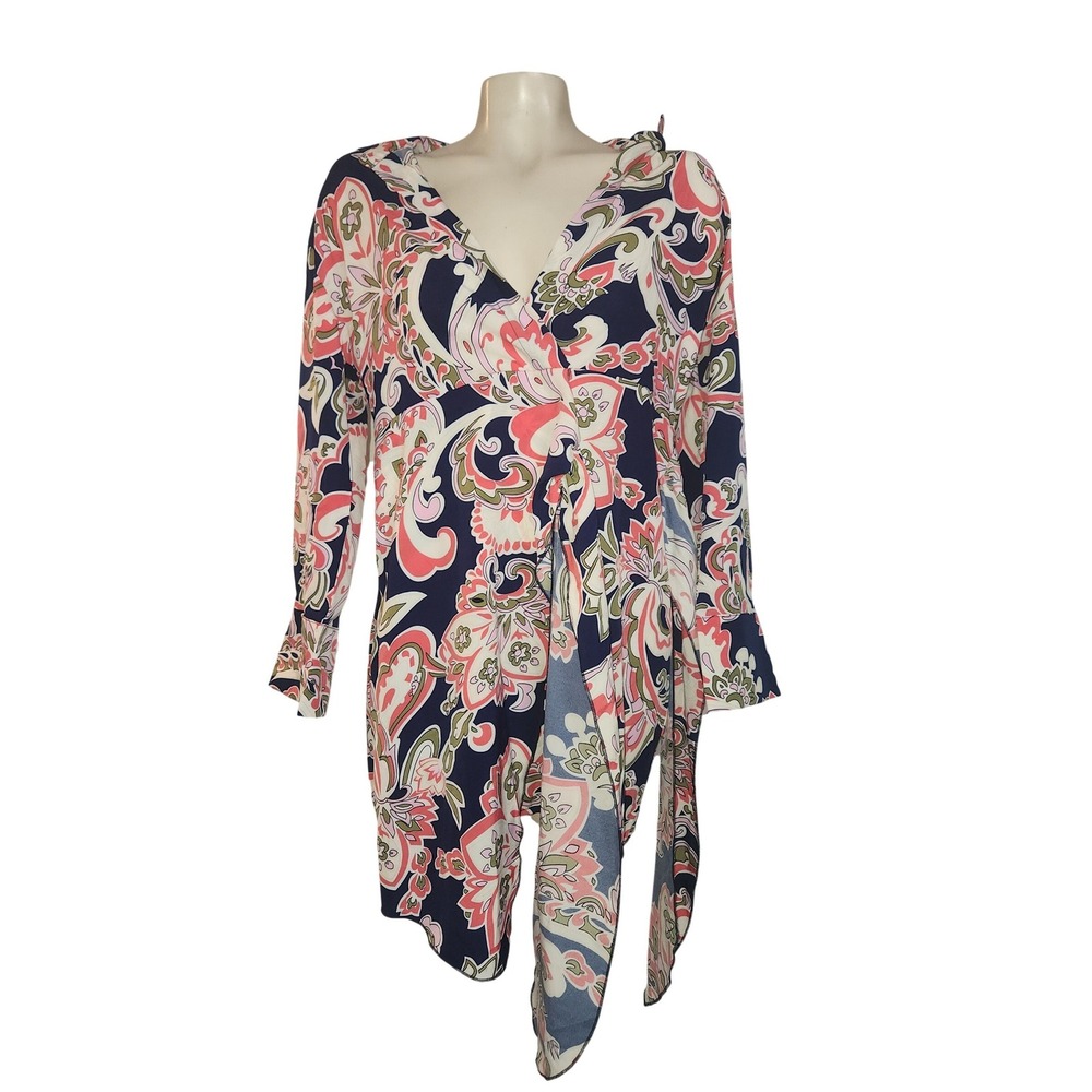 Paisley Print V-Neck Front Tie Mini Dress Navy Coral Retro Flare Sleeve